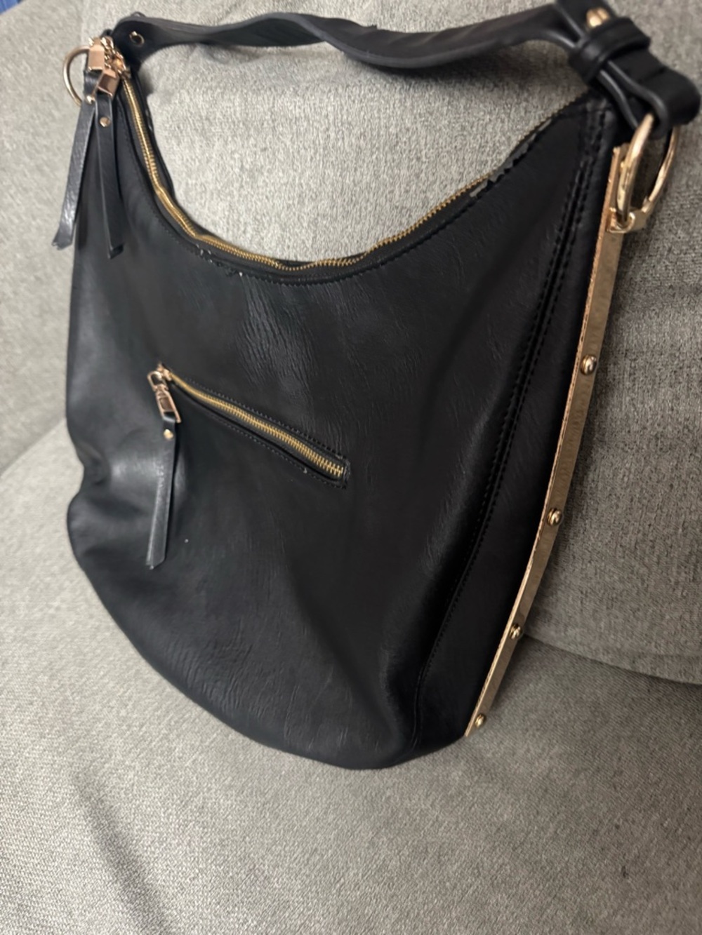 MMS Vegan Leather Black Hobo Shoulder Bag with Gold Accents